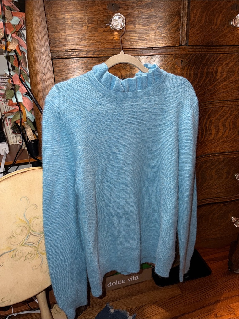I.Crew Light Blue Ruffle Neck Women's Sweater